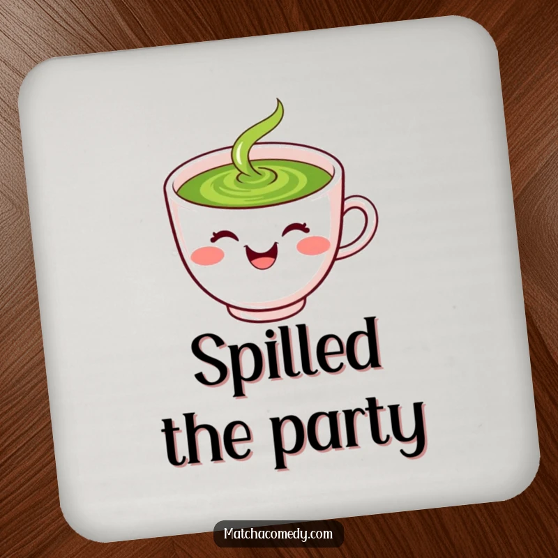 Funny laughing kawaii matcha tea cup with smiley face, spilling green liquid, coaster.
