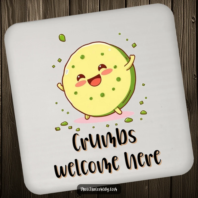 Funny, smiling matcha cookie doing a cartwheel and scattering crumbs, featured on these protective and humorous drink coasters.