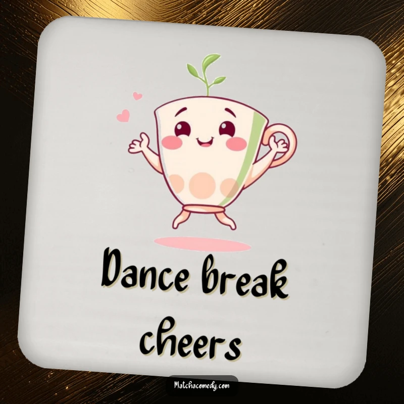 Funny matcha dancer drink coaster depicting a cheerful tea cup character dancing happily, adding humor to any surface.