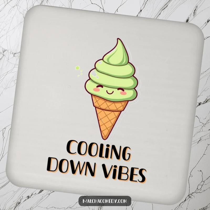 Funny matcha ice cream cone in a happy spin, featured on a set of drink coasters. Cute and protective.