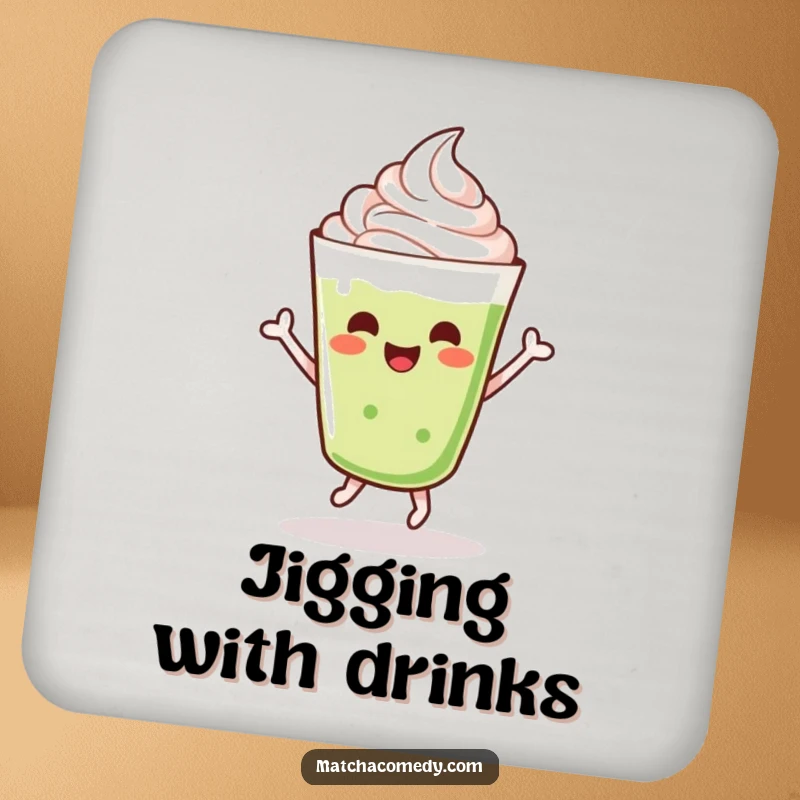 Funny dancing kawaii matcha latte with whipped cream, doing a cheerful jig, coaster.