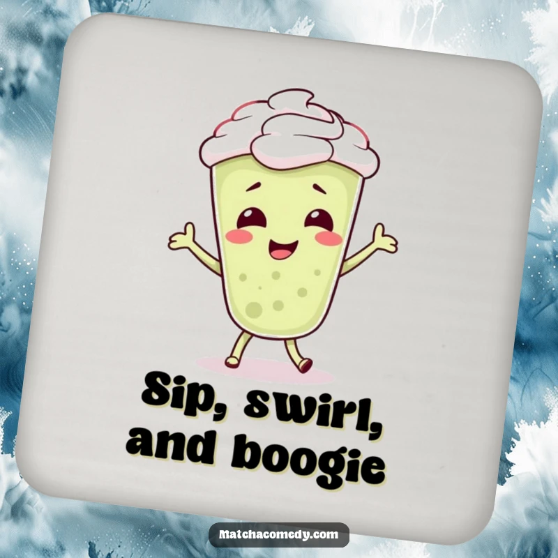 Funny Matcha Latte Coaster featuring a giggling character doing a silly dance, protecting surfaces with bubbly fun and style.