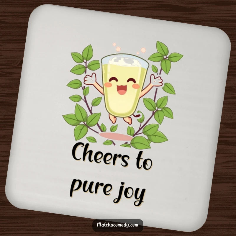 Funny Matcha Latte Coaster with an excited character jumping joyfully amid green leaves, offering surface protection with a vibrant and happy design.