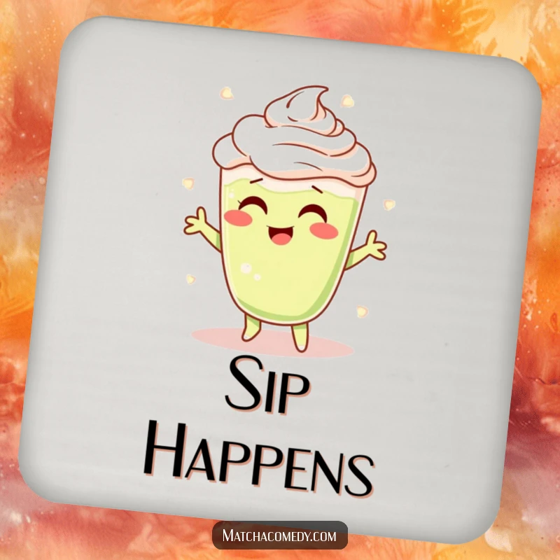 Funny Matcha Latte Coaster showing a cheerful character shimmying with foamy swirls, protecting surfaces with style.