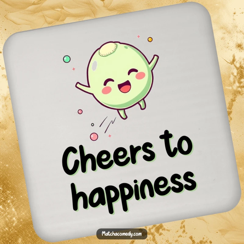 Funny matcha mochi coaster with a character bouncing with excitement and leaving happy particles, protecting surfaces with charm, a cute funny gift.