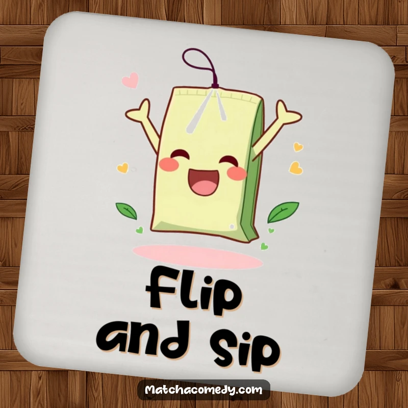 Funny drink coasters featuring a matcha tea bag in a joyful somersault, adding a whimsical and protective touch to tables.