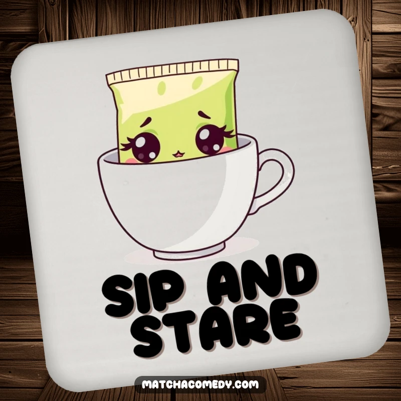 Funny surprised matcha tea bag graphic on a drink coaster, peeking with wide eyes, a humorous and practical item.