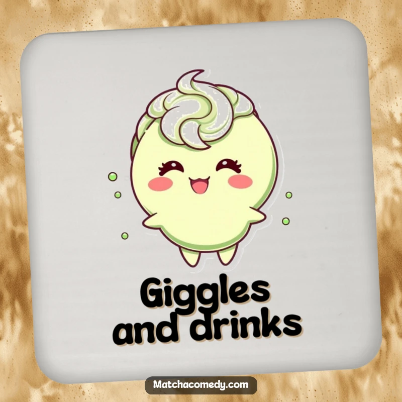 Funny matcha tea cup character with a frothy swirl, giggling, adorning this humorous and functional coaster to protect your tables.