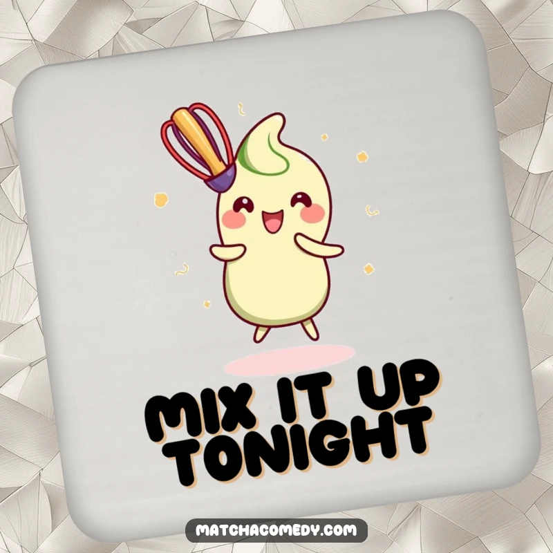 Funny Coaster depicting a kawaii matcha whisk doing a happy dance, safeguarding surfaces with vibrant, cheerful design.