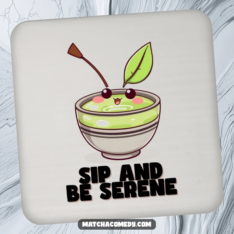 Funny Kawaii Matcha Bowl Coaster: A humorous coaster featuring a cute character amused by a floating leaf.