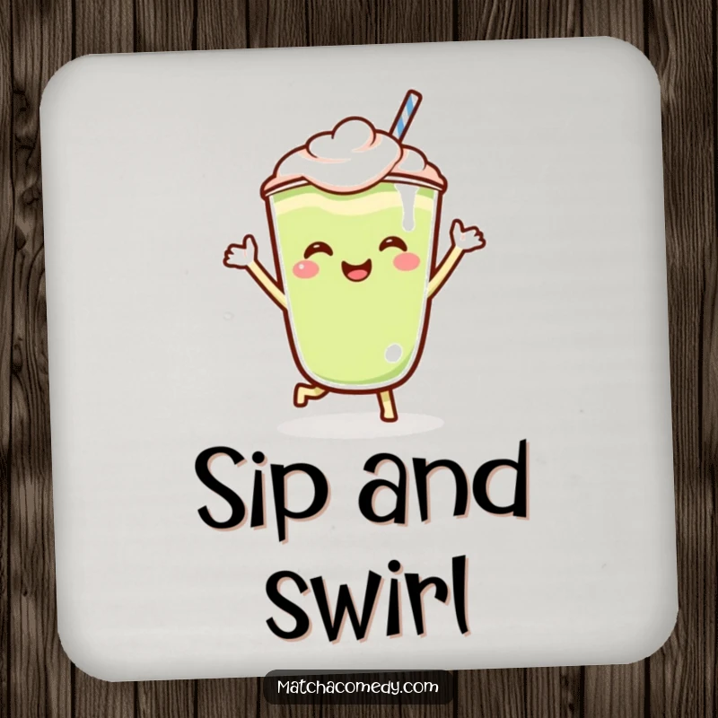 Funny Kawaii matcha latte coaster with a dancing character, protecting surfaces while adding a pop of playful design.