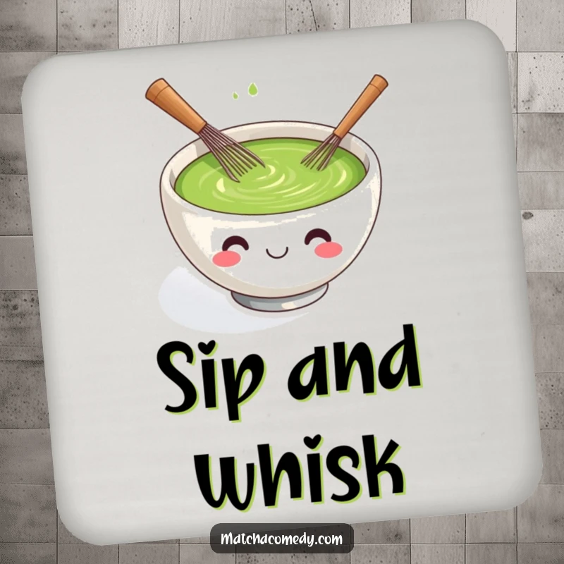 Funny kawaii matcha tea bowl drink coasters, smiling and actively whisking with a tiny whisk.