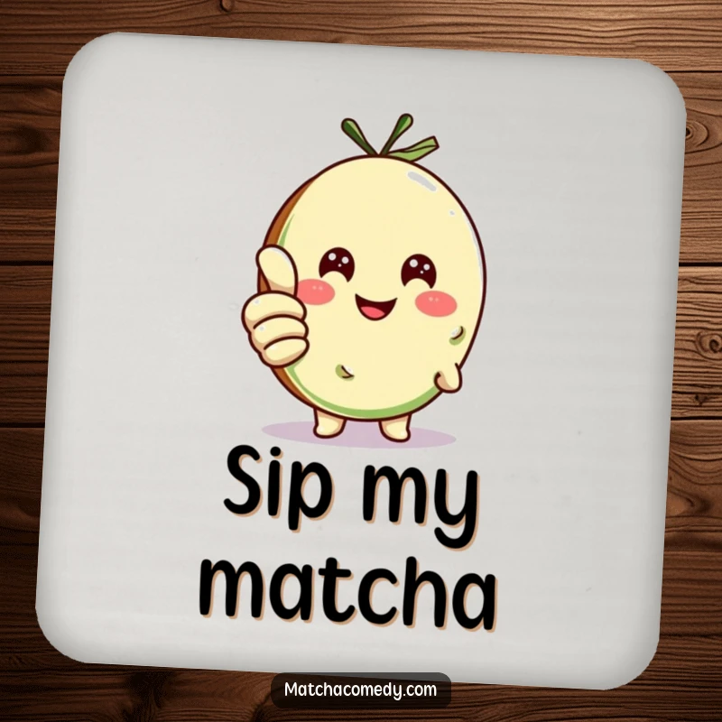 Funny matcha cookie character giving a thumbs up, printed on stylish drink coasters, adding humor to your table.