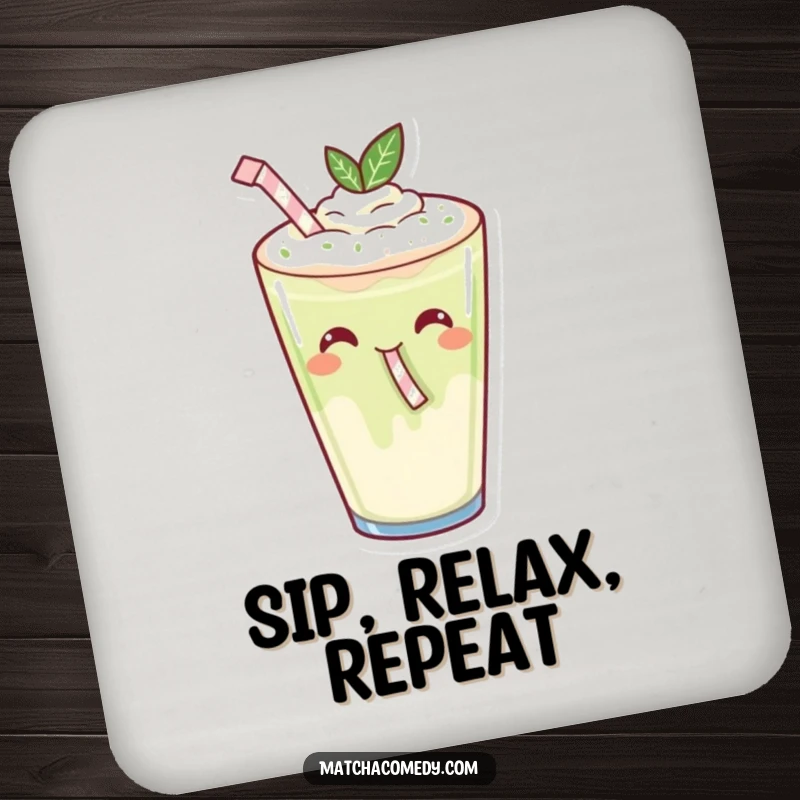 Funny Kawaii Matcha Latte Sipping Coaster: A happy matcha latte with a tiny straw, adding fun and protection.
