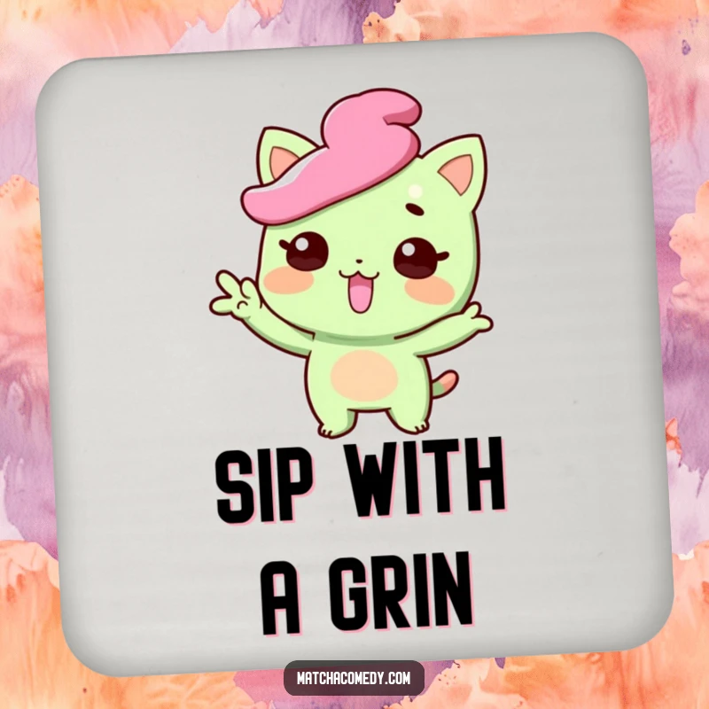 Funny matcha sweet coaster with a character striking a funny pose with tongue playfully sticking out, protecting surfaces with quirkiness, a cute funny gift.