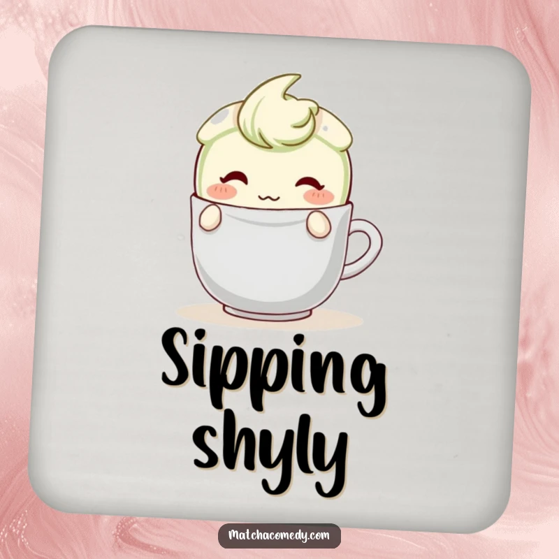 Funny Matcha Latte Coaster with a blushing character shyly hiding behind a teabag, offering surface protection with sweet and demure charm.