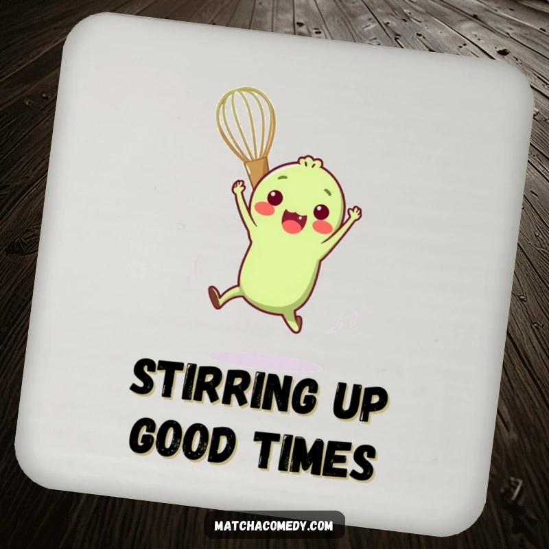 Funny drink coasters featuring a small, anthropomorphic matcha whisk in a funny acrobatic pose, perfect for playful homes.