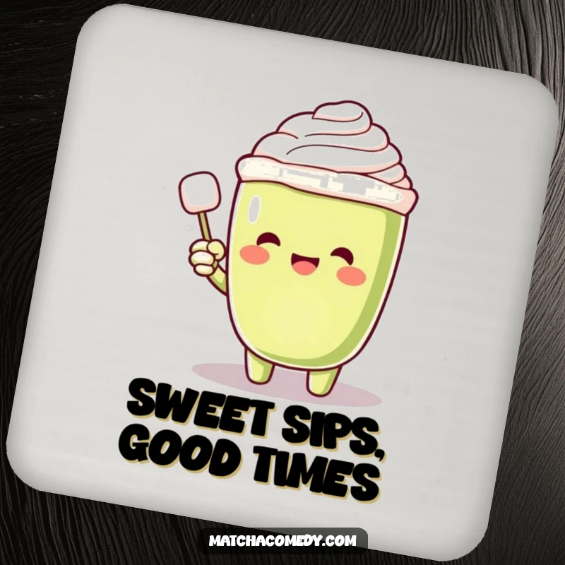 Funny Matcha Latte Coaster with an excited character pointing at a floating sugar cube, offering protection with a sweet and humorous design.
