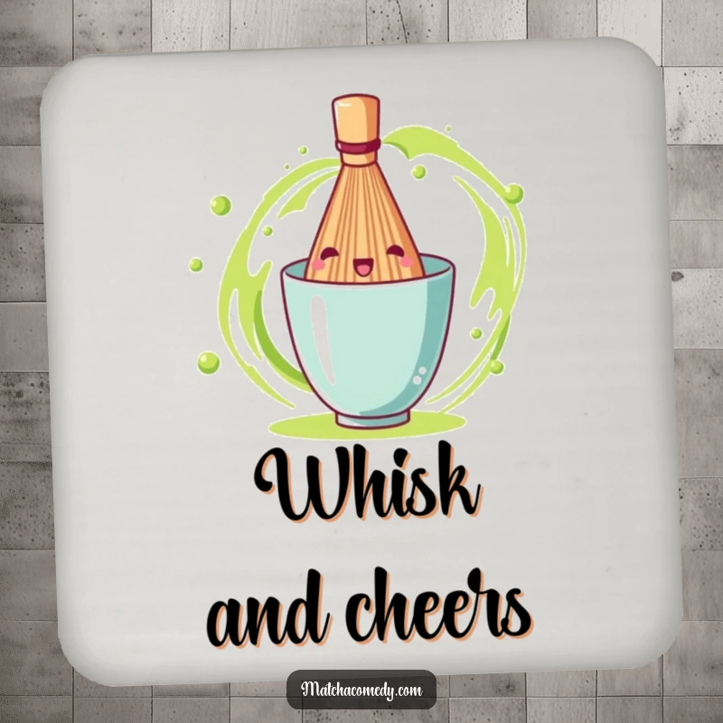 Funny matcha tea whisk in a cheerful spin, serving as a functional and humorous drink coaster.