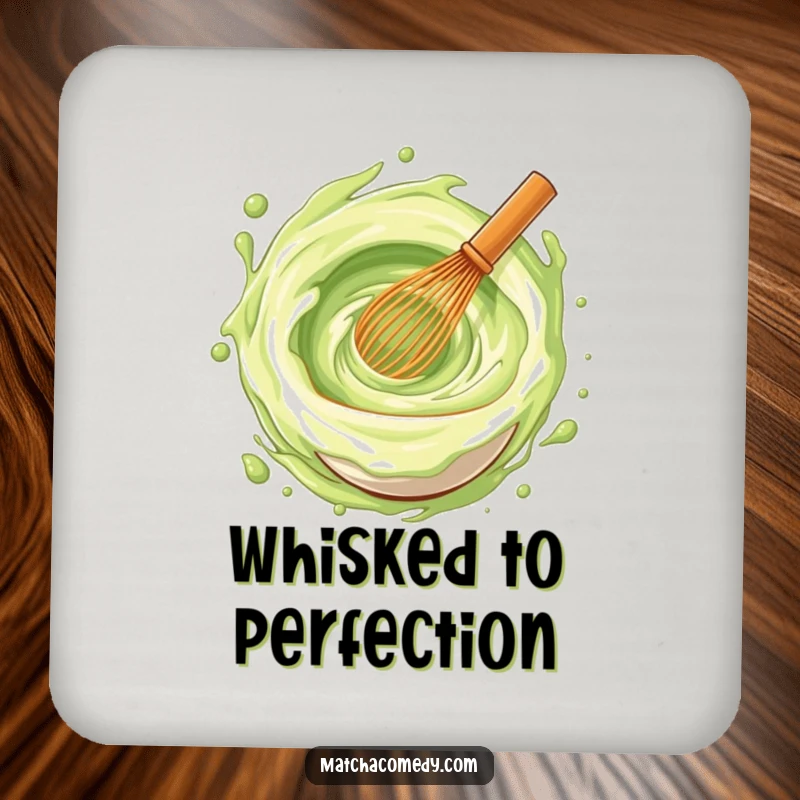 Funny matcha whisk stirring a vortex of joy on decorative drink coasters, adding humor to tabletops.