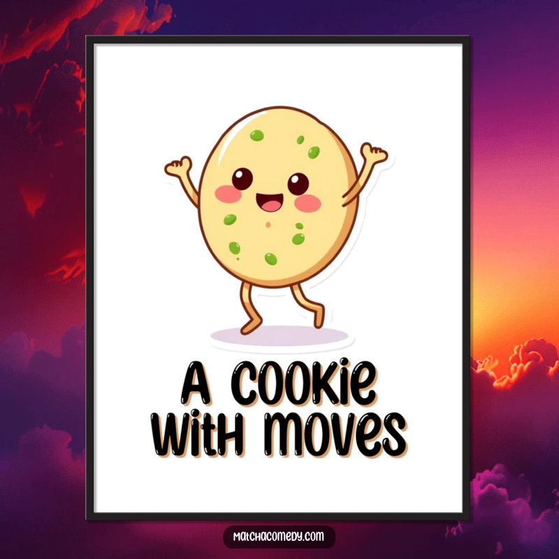 Funny matcha cookie with legs doing a silly dance, captured as a vibrant poster. A delightful piece of wall art.