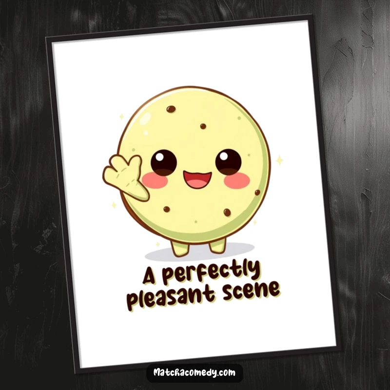 Funny Kawaii Matcha Cookie Poster: A vibrant and humorous piece of wall art featuring a cute character waving.