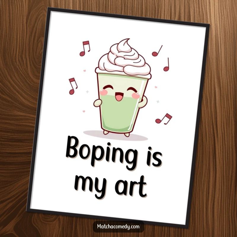 Funny matcha latte cup captured in a rhythmic dance, creating energetic and cheerful wall art.