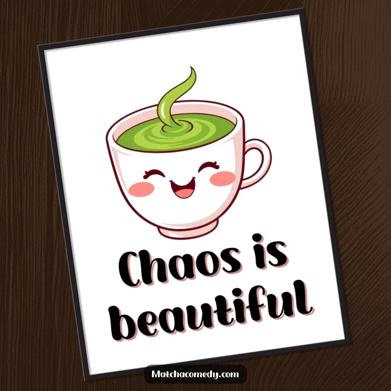 Funny laughing kawaii matcha tea cup with smiley face, spilling green liquid, poster art.