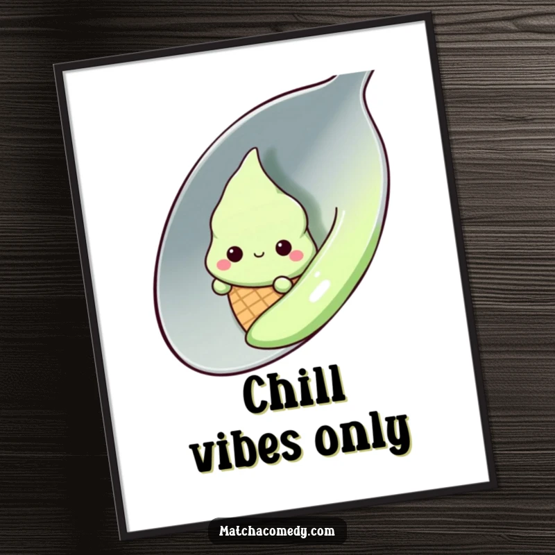 Funny shy kawaii matcha ice cream cone peeking from behind a large spoon, poster, wall art, cute, adorable, decor.