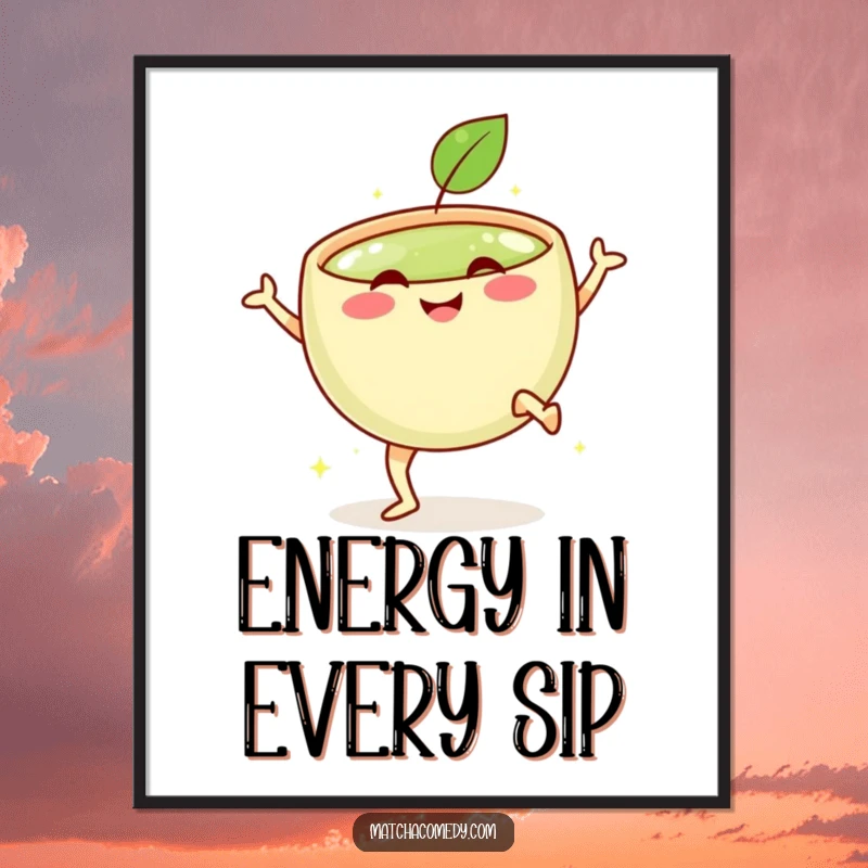 Funny poster of a smiling matcha bowl with tiny legs executing a celebratory kick, radiating pure energy and joy.