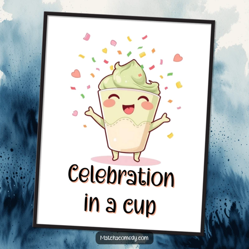 Funny happy matcha cup poster, joyfully throwing confetti, creating a festive and uplifting piece of art.