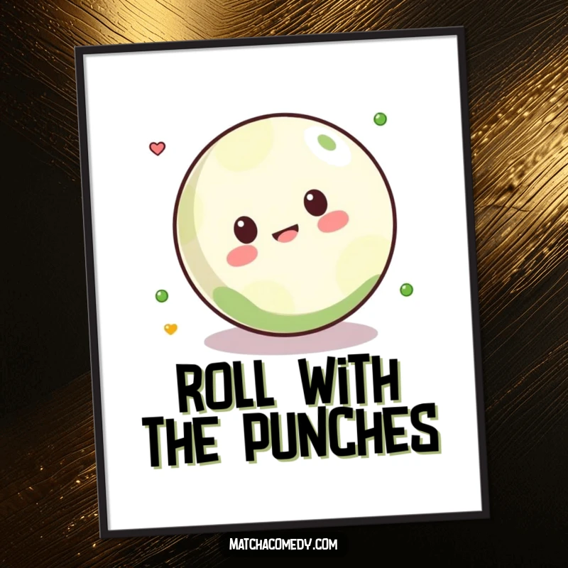 Funny Kawaii matcha ball captured mid-playful roll, creating a dynamic and humorous piece of wall art.