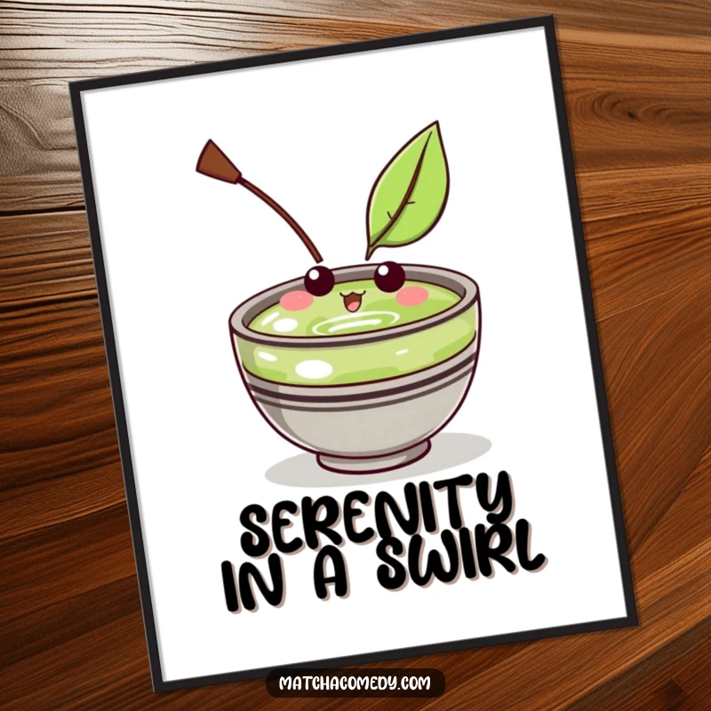 Funny Kawaii Matcha Bowl Poster: Humorous wall art depicting a cute bowl character looking amused by a delicate floating leaf.