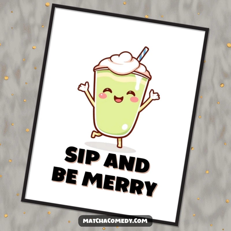 Funny Kawaii matcha latte poster showcasing a lively character in a charming jig, adding a playful and artistic touch to decor.