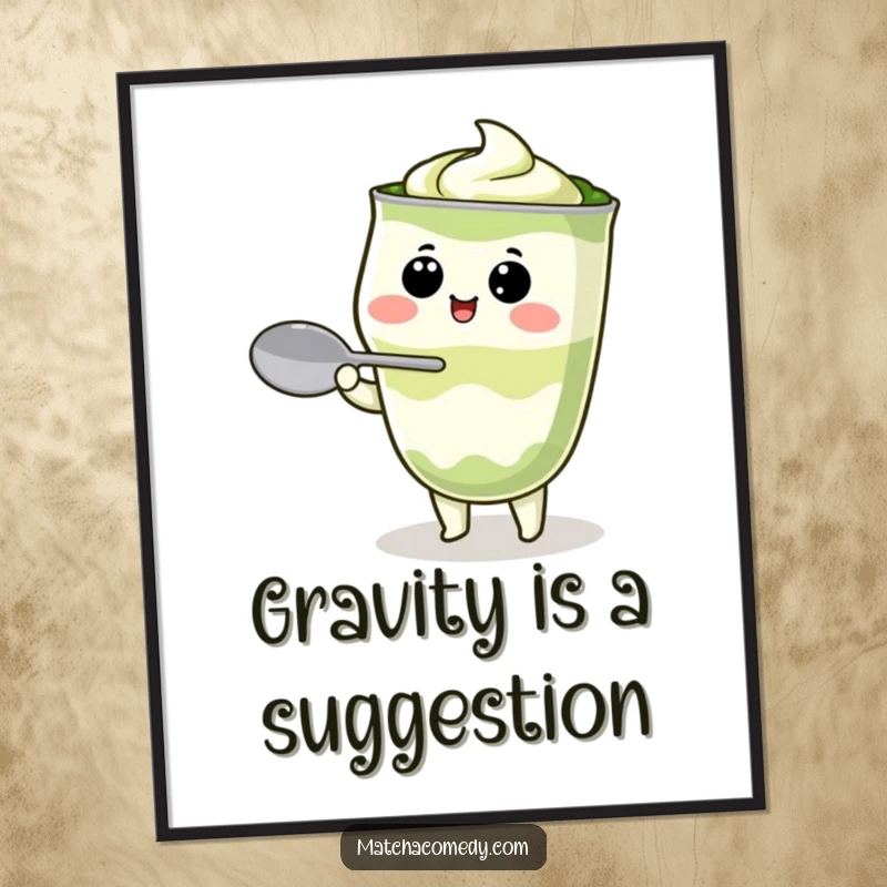 Funny Kawaii matcha latte character attempting to balance a spoon, whimsical wall art, brings a smile to any room.
