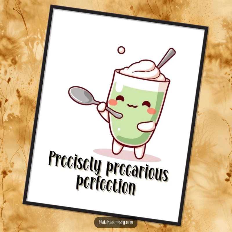 Funny Kawaii Matcha Latte Poster: Humorous wall art depicting a cute character in a funny, precarious spoon-balancing act.