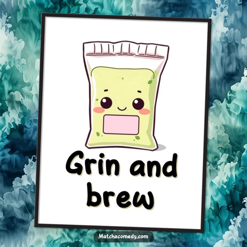 Funny Kawaii matcha powder bag poster with a character peeking out with a grin, adding a touch of playful art.