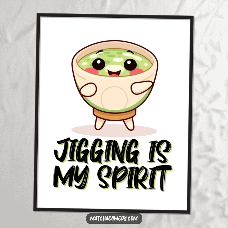 Funny smiling matcha bowl captured in a playful jig, creating lively and cheerful wall art.