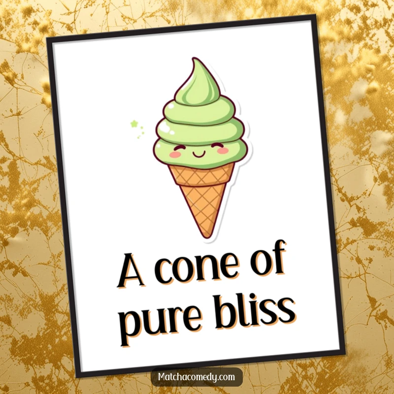 Funny matcha ice cream cone in a dynamic, cheerful spin, captured as a vibrant poster. A delightful piece of wall art.
