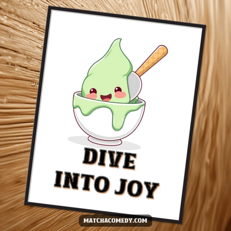 Funny, happy matcha ice cream scoop joyfully diving into a bowl, captured in this cheerful wall art poster.