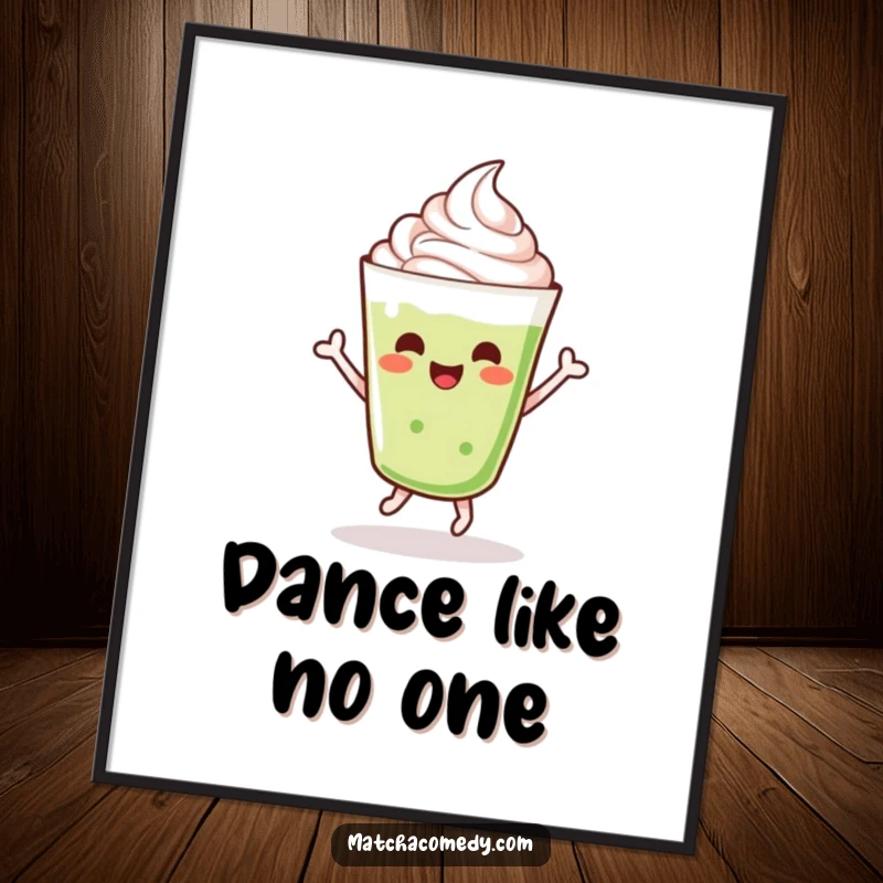 Funny dancing kawaii matcha latte with whipped cream, doing a cheerful jig, poster art.
