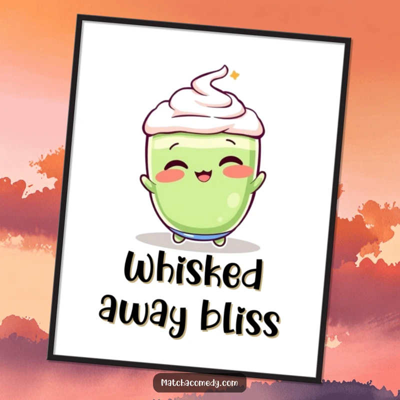 Funny, vibrant matcha latte in a dynamic whisking pose, captured in this cheerful wall art poster.
