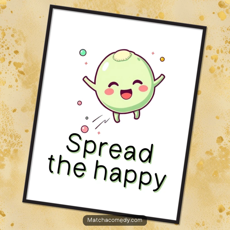 Funny matcha mochi poster featuring a character bouncing with excitement and leaving happy particles, perfect for vibrant decor, a charming funny gift.
