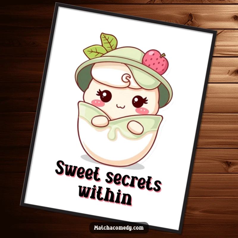 Funny matcha parfait poster showing a character peeking from layers with a cheeky grin, perfect for dessert-themed decor, a charming funny gift.