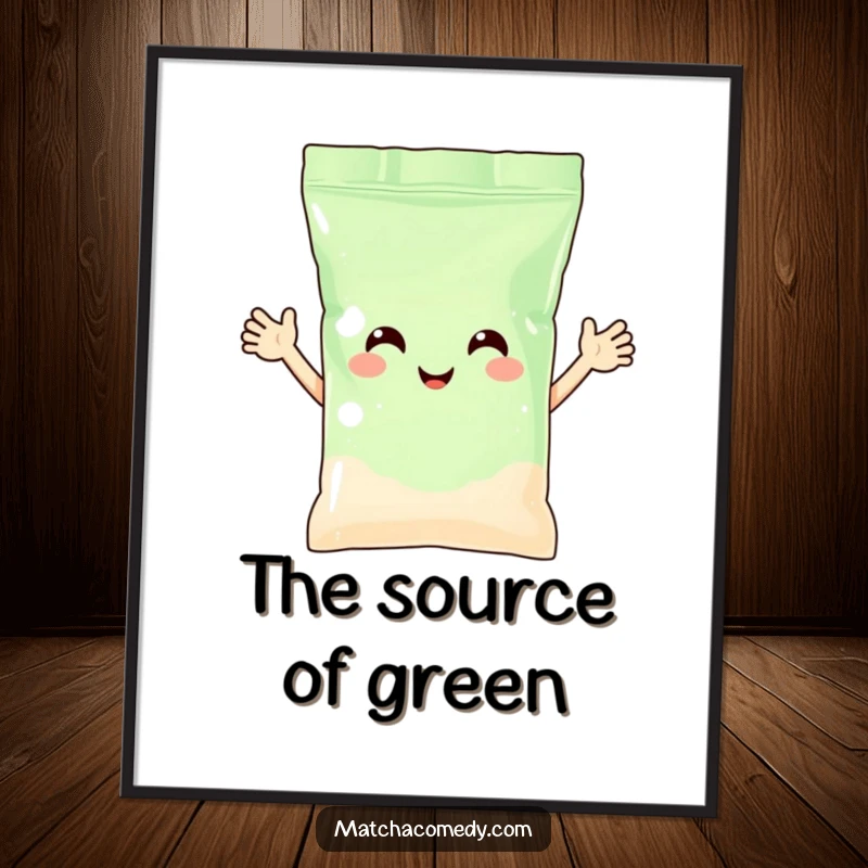 Funny matcha powder bag with arms waving happily, captured as a vibrant poster. A cheerful and welcoming piece of art.