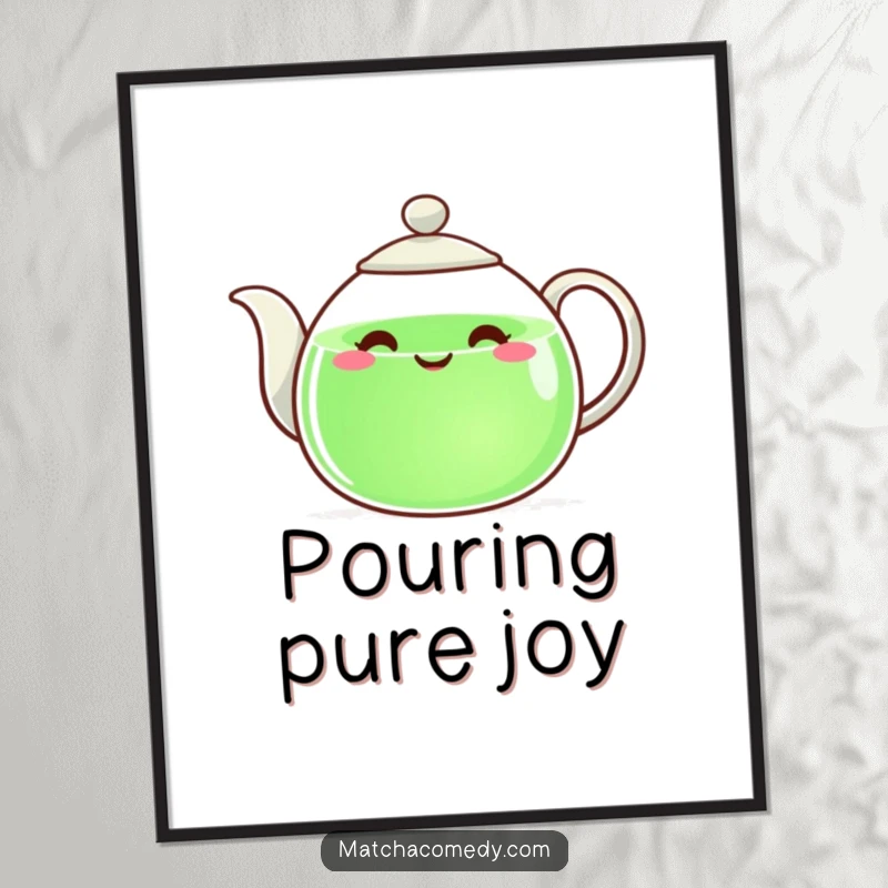 Funny teapot with a happy face, pouring green liquid, creating cheerful and inviting wall art.