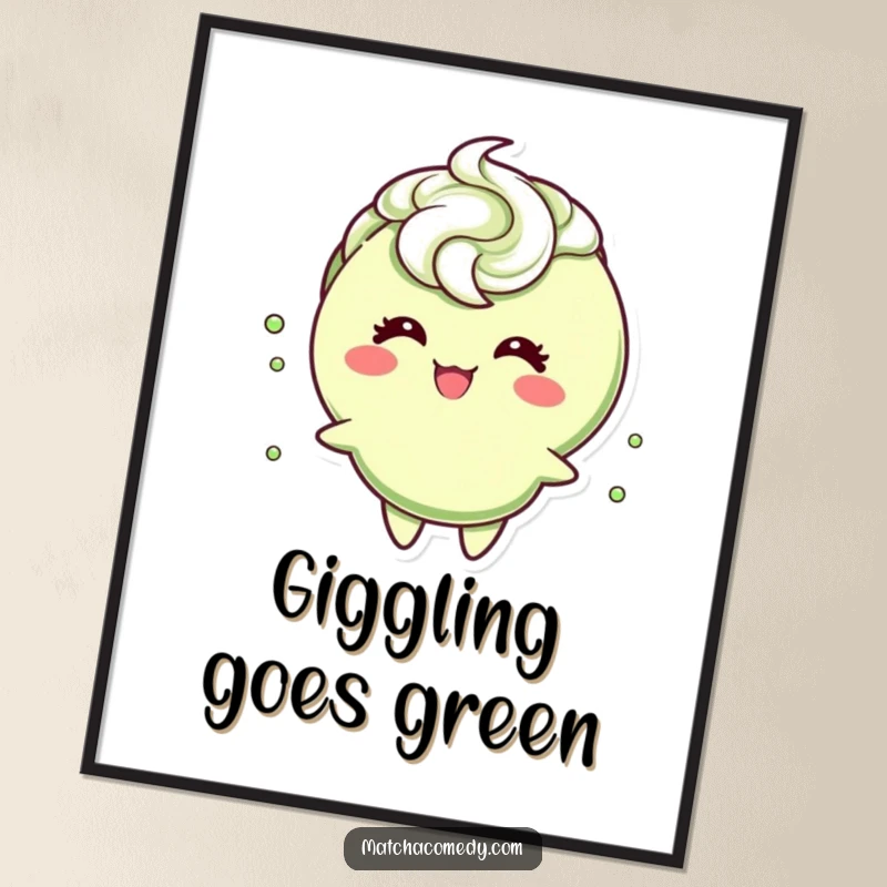 Funny matcha tea cup character with a frothy swirl topping, mid-giggle, captured as a humorous and lively digital art print.