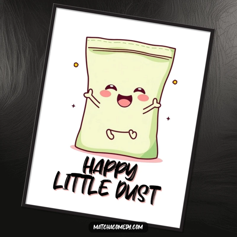 Funny Matcha Powder Bag Poster featuring a kawaii character with tiny legs, enthusiastically jumping for joy.