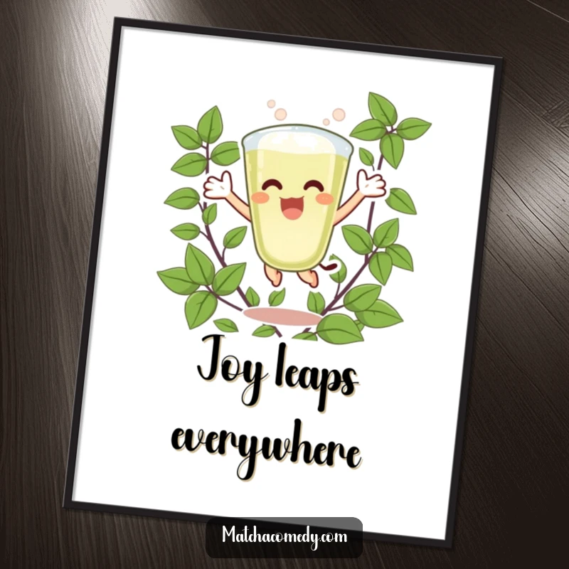 Funny Matcha Latte Poster depicting an excited character joyfully jumping amidst lush green leaves, symbolizing vibrant energy and celebration.