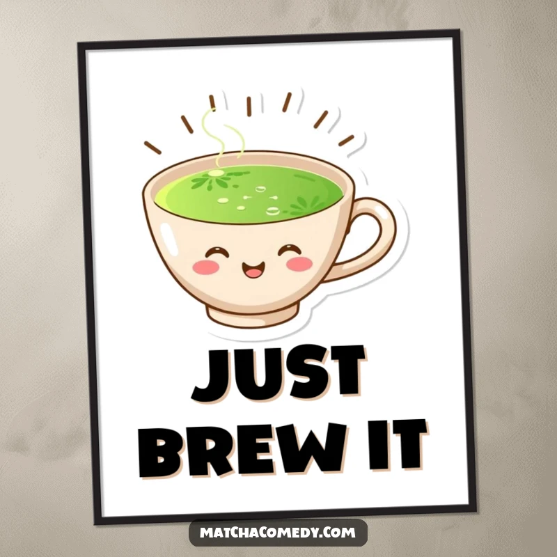 Funny poster print of a joyful matcha cup with dynamic steam lines, radiating happiness and warmth on a wall.